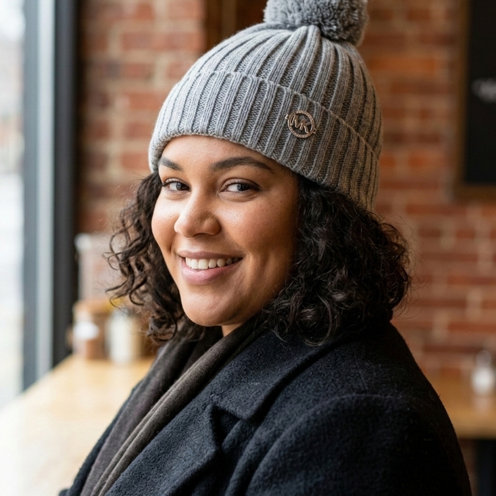 Michael Kors Gray Ribbed Beanie with Pom-Pom